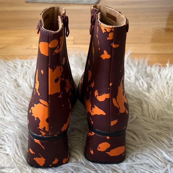 Camper Kiara Orange Brown Paint Splatter Leather Heeled Ankle Boots EUC Size 37 - Picture 7 of 13